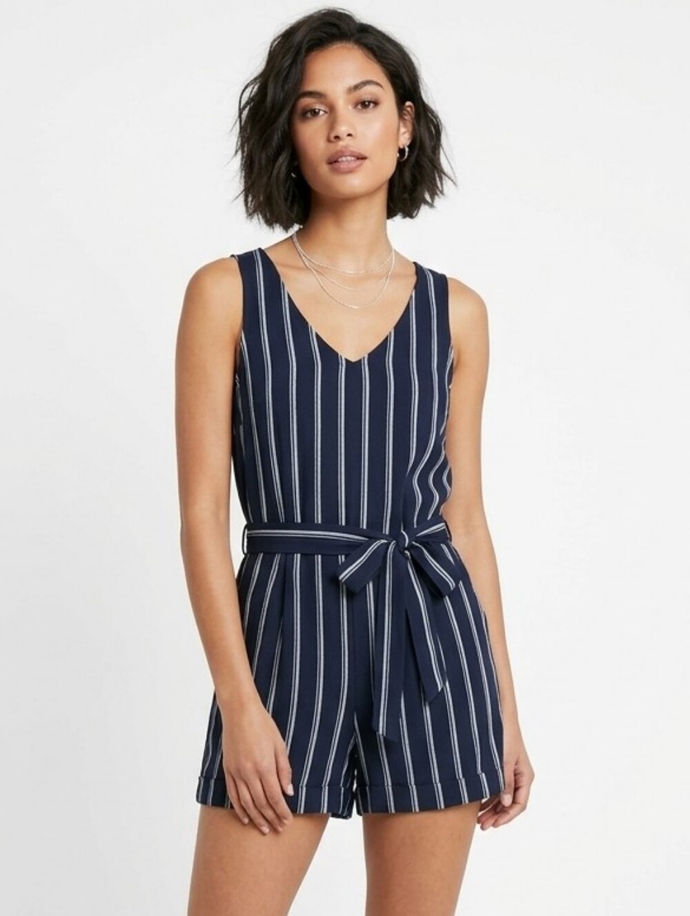 Vero Moda Navy Blue and White Striped Sleeveless Romper Large Linen Blend